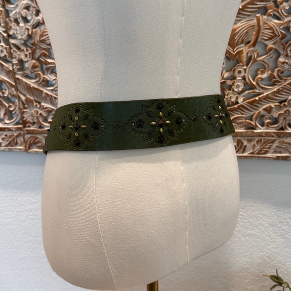 Linea Pelle Genuine Leather Green Vtg Bohemian Western Belt, Solid Brass Buckle - Picture 14 of 15